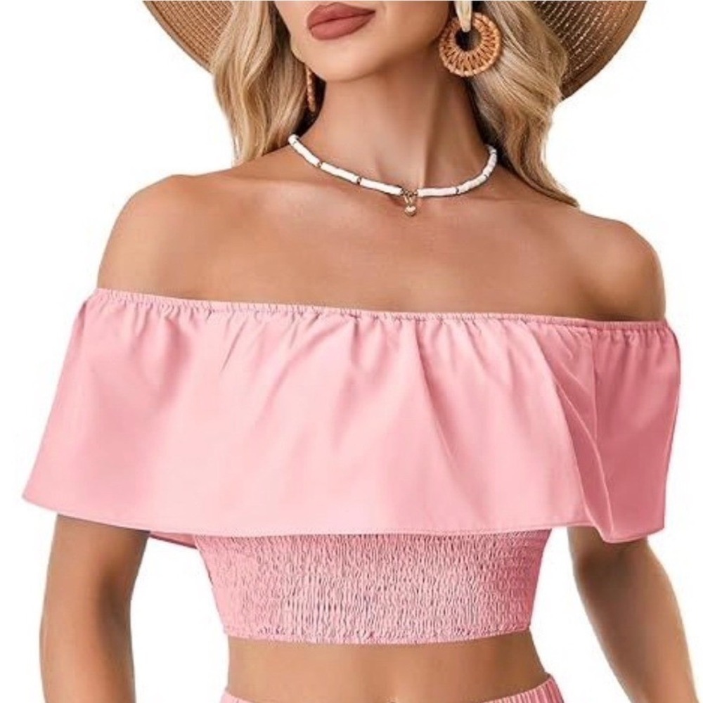 Pink Off The Shoulder Smocked Ruffle Crop Top Summer Blouse Boho‎ Style